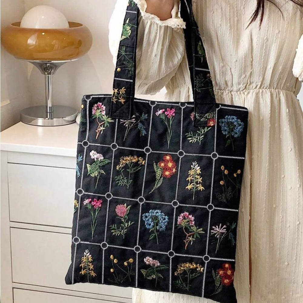 Floral Embroidered Black Tote Bag - Picture 10 of 10